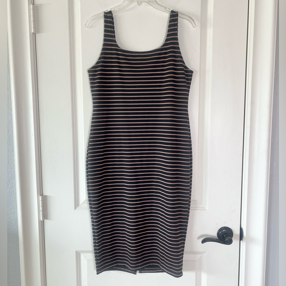 Popular Basics Striped Bodycon Midi Tank Dress - Black & Tan XL